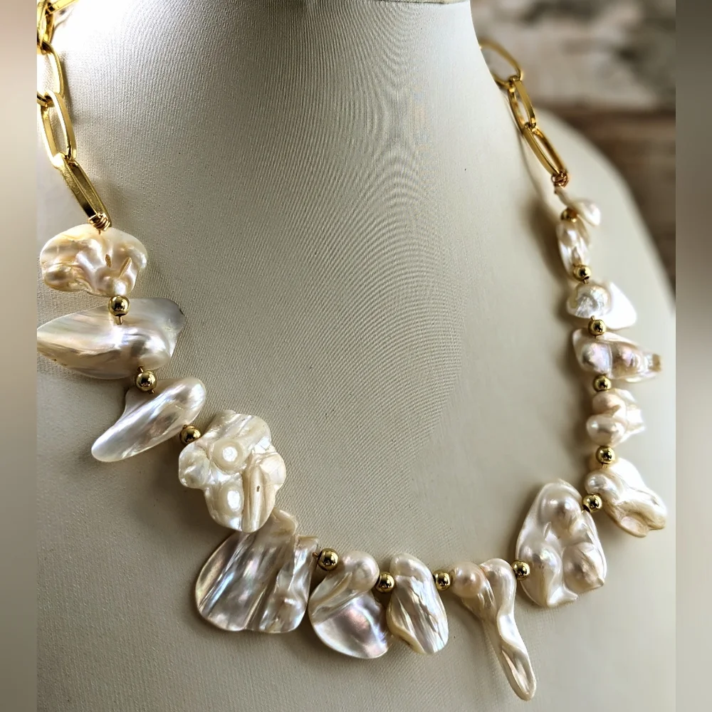 White Irregular Keshi Pearls In Classic 18K Gold  Plated Paperclip Necklace - Picture 4 of 9